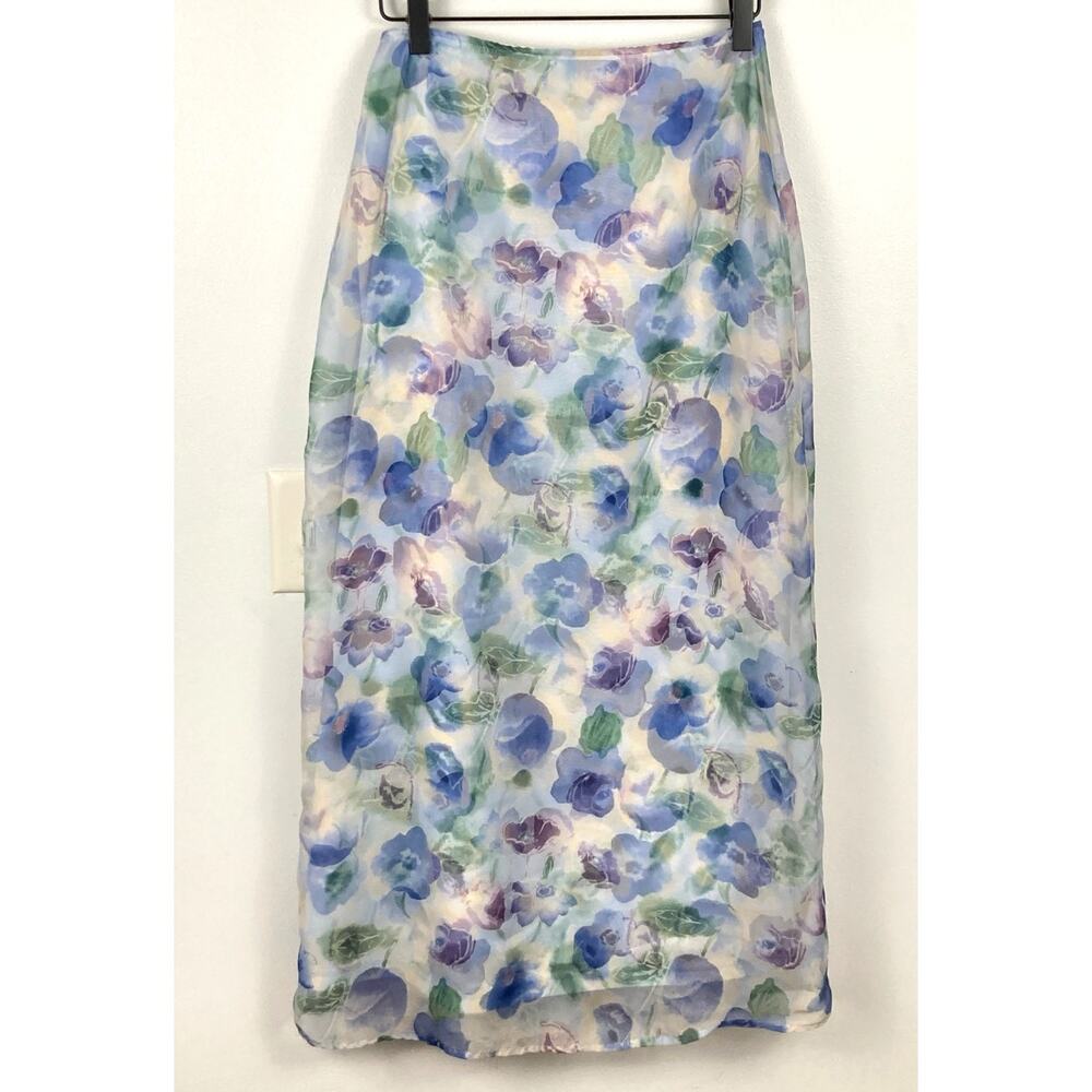 VTG Womens White & Blue Sheer Floral Maxi Skirt XS Fairy Cottage Ethereal Y2K - Picture 2 of 9